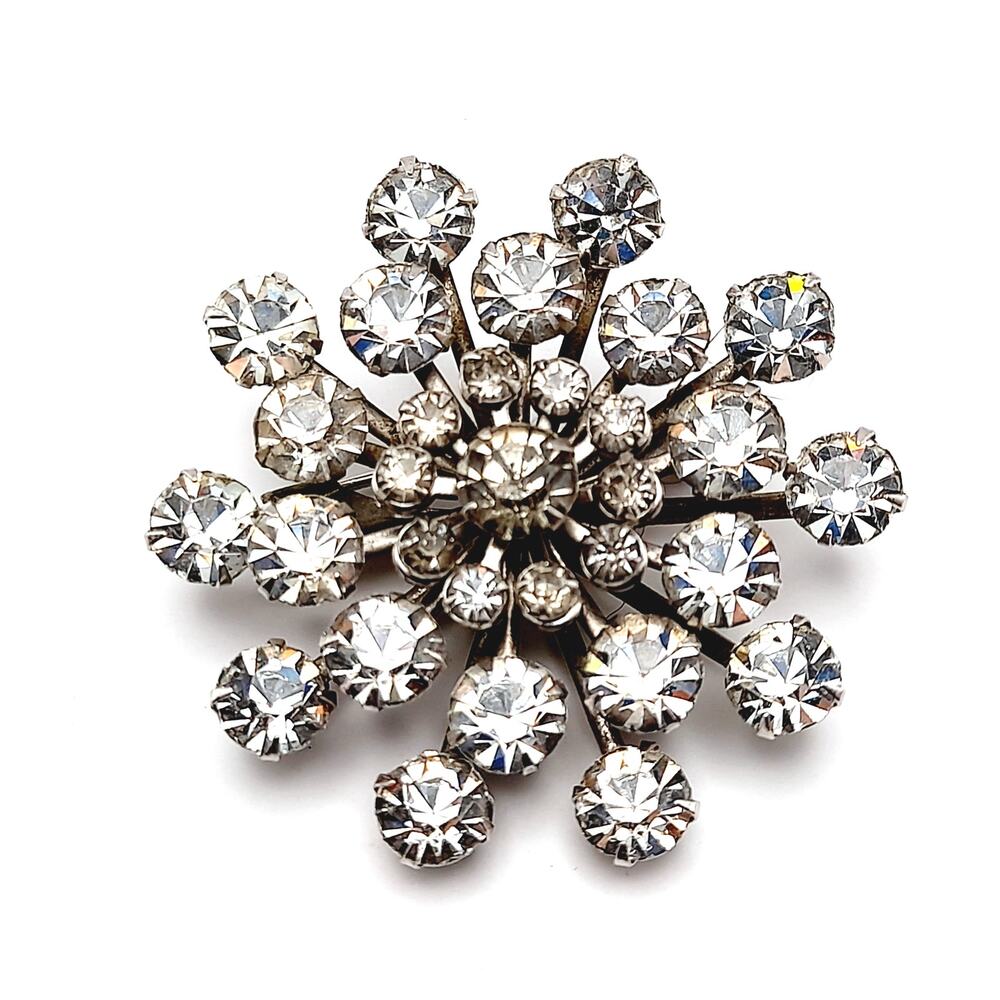 Vintage Coro Rhinestone Snowflake Brooch Clear Crystal Floral Pin - Picture 4 of 9